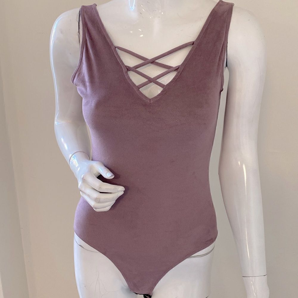 Astars Alpine Stars Laced Cutout Vegan Faux Suede Bodysuit in Burnished Lilac